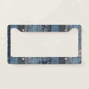 Elegant Indigo Lace Stripe Denim Pattern (2) License Plate Frame