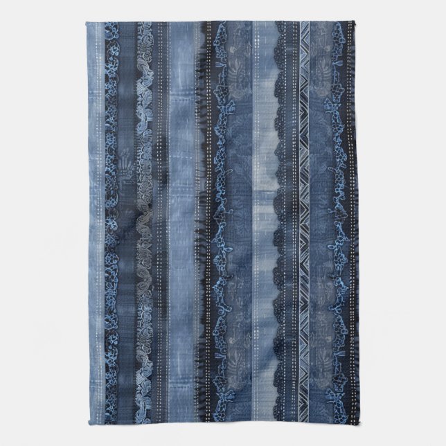 Elegant Indigo Lace Stripe Denim Pattern Kitchen Towel (Vertical)