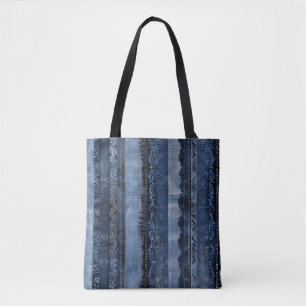 Elegant Indigo Lace Stripe Denim Pattern Tote Bag