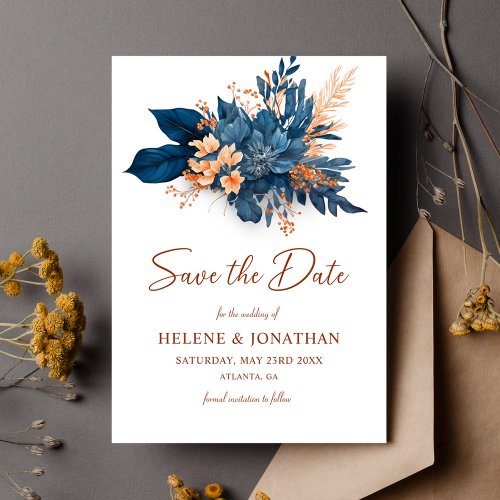 Elegant Indigo Rust Floral Watercolor Wedding Save The Date