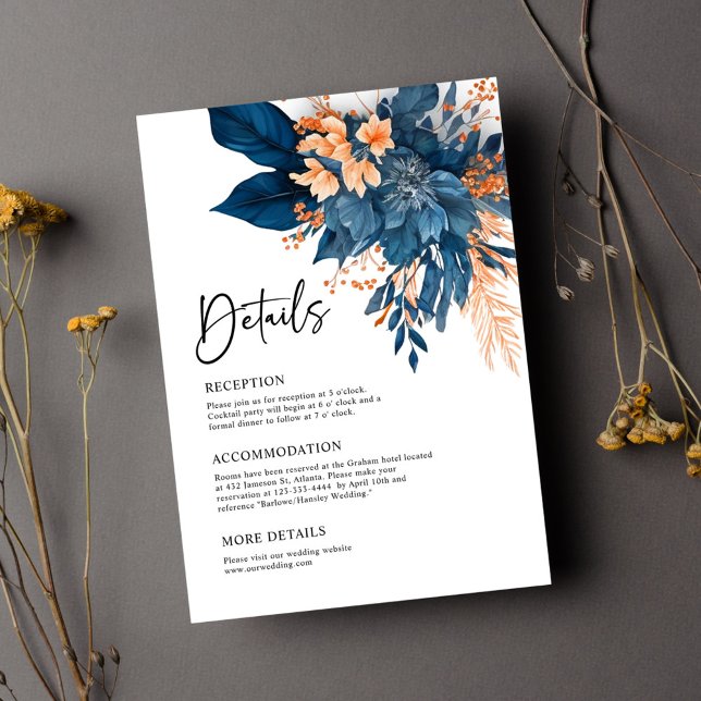 Elegant Indigo Rust Floral Wedding Details Enclosure Card (Elegant Indigo Rust Floral Wedding Details Enclosure Card)