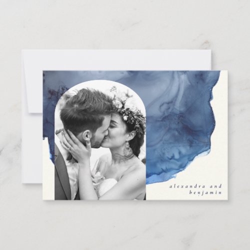 Elegant Indigo Watercolor Art Custom Wedding Photo Thank You Card