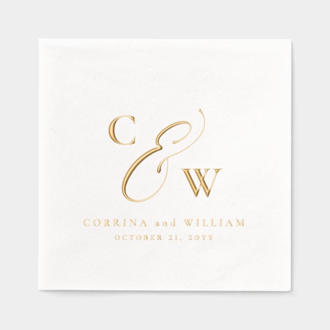 Elegant initals simple names date wedding foil napkins (Front)