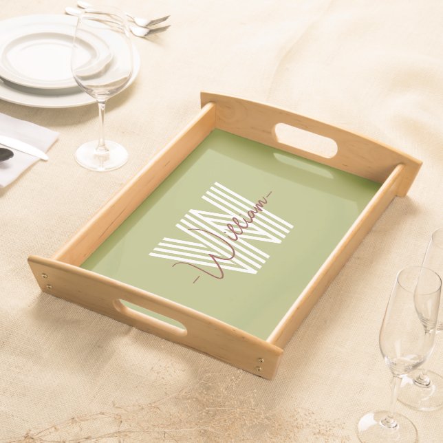 Elegant initial and script with lovely olive green serving tray (Front)