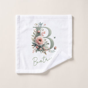 Elegant initial B Peony Dusty Pink Sage Green Name Wash Cloth