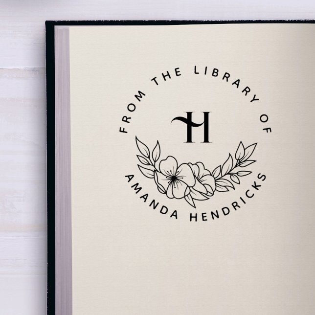 Elegant Initial Flowery Custom Library Book Rubber Stamp (Creator Uploaded)