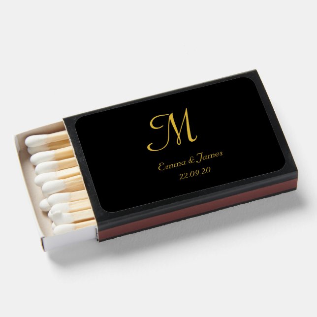 Elegant Initial Gold and Black Monogram Wedding  Matchboxes (Front Open)