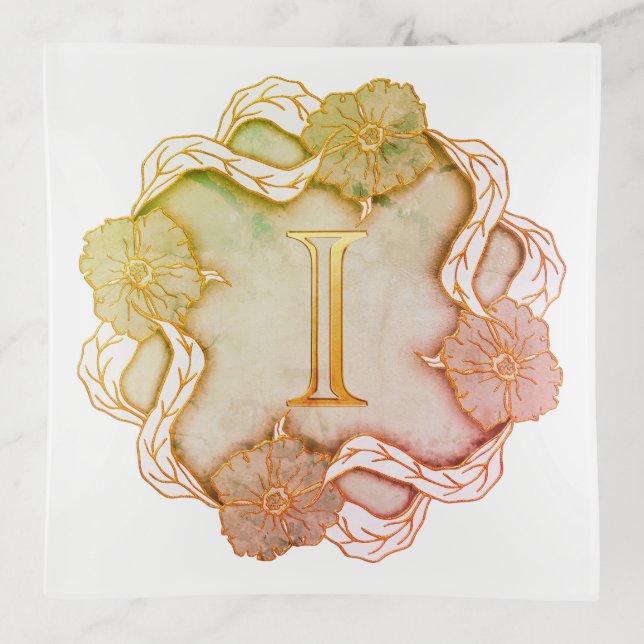 Elegant Initial I With Flowers Trinket Tray (Front)