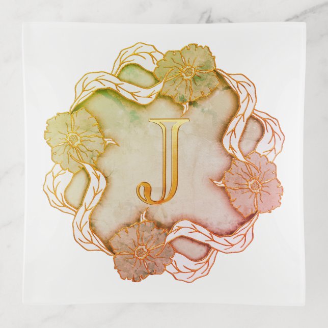 Elegant Initial J With Flowers Trinket Tray (Front)