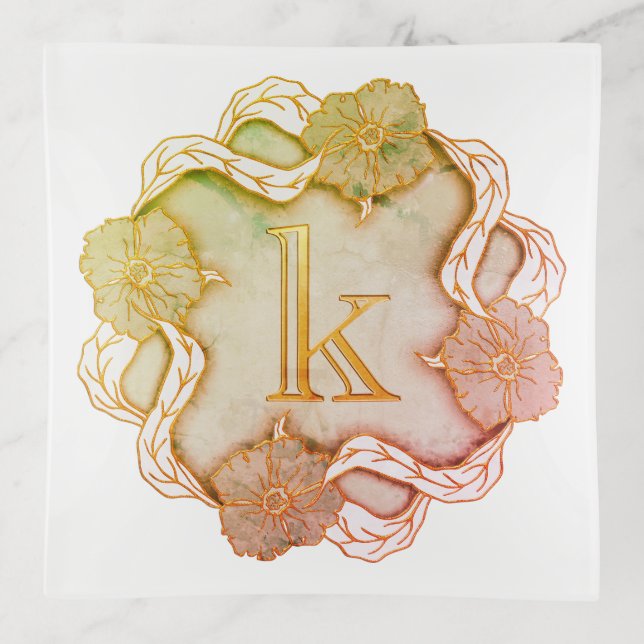 Elegant Initial K With Flowers Trinket Tray (Front)