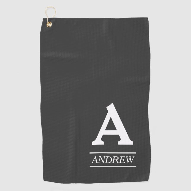 Elegant Initial Letter and Name Gray Golf Towel (Front)