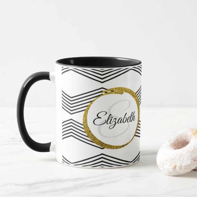 Elegant Initial Letter Monogram | Black and White Mug (With Donut)