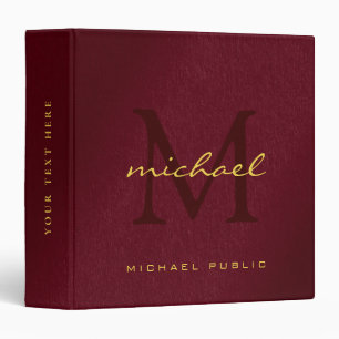 Elegant Initial Monogram Bordeaux & Gold Text 3 Ring Binder