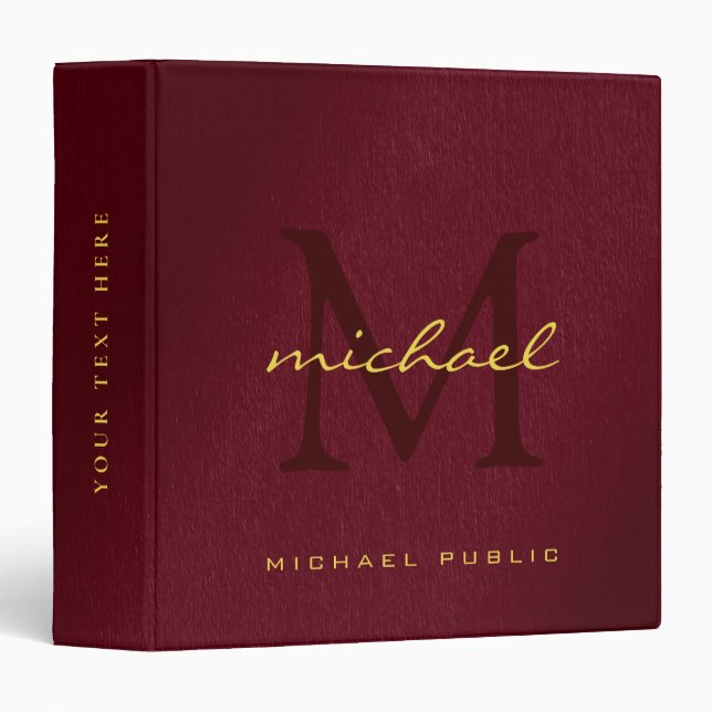 Elegant Initial Monogram Bordeaux & Gold Text 3 Ring Binder (Front/Spine)
