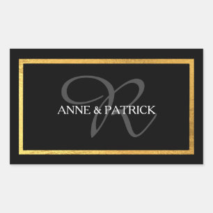 elegant initial monogram + names, wedding black rectangular sticker