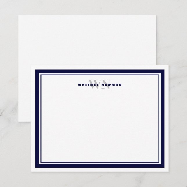 Elegant Initial Monogram Two Border Stationery Note Card (Front/Back)