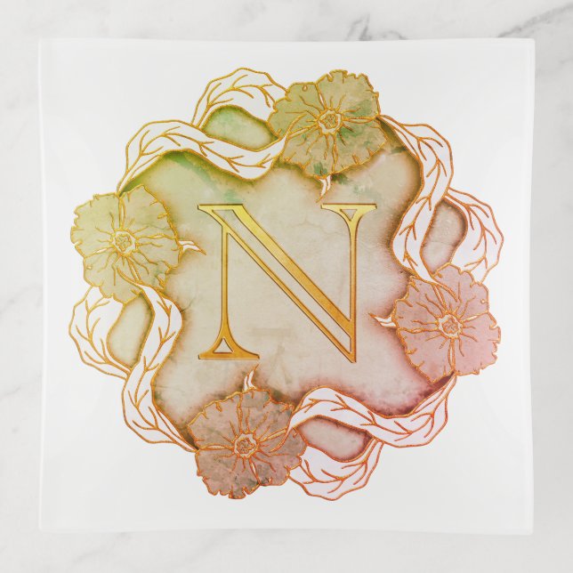 Elegant Initial N With Flowers Trinket Tray (Front)