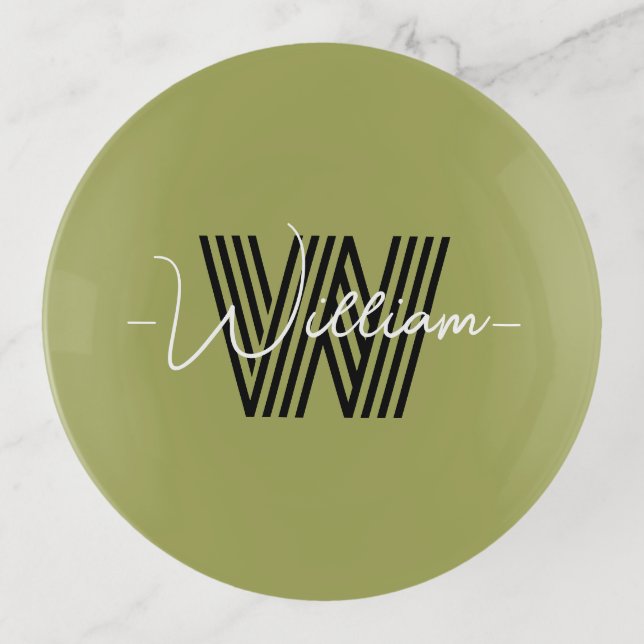 Elegant initial Olive green Simple stylish Modern Trinket Tray (Front)