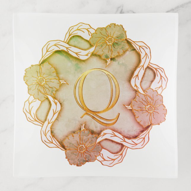Elegant Initial Q With Flowers Trinket Tray (Front)