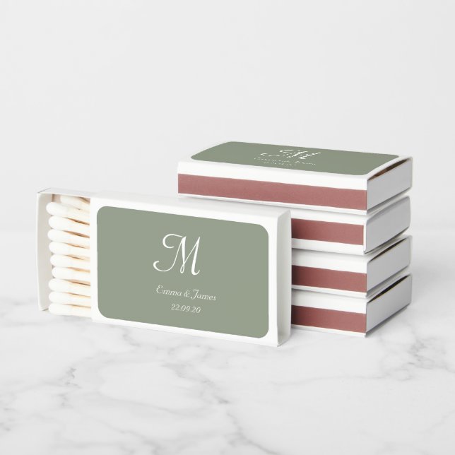 Elegant Initial Sage Green Wedding Party Favor  Matchboxes (Stacked)