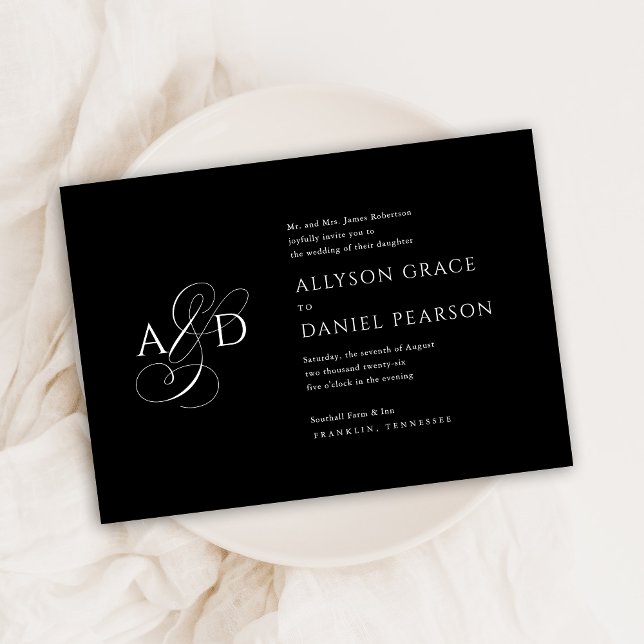 Elegant Initial Script Monogram Black Wedding Invitation (Creator Uploaded)