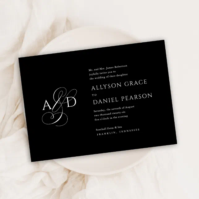 Elegant Initial Script Monogram Black Wedding Invitation | Zazzle