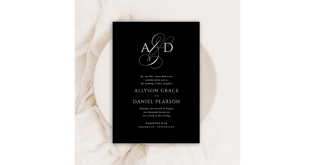 Elegant Initial Script Monogram Black Wedding Invitation | Zazzle