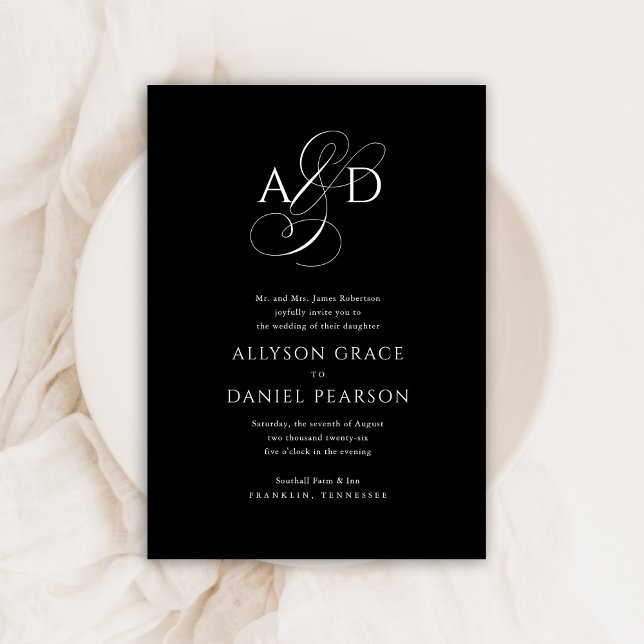 Elegant Initial Script Monogram Black Wedding Invitation