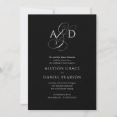Elegant Initial Script Monogram Black Wedding Invitation (Front)