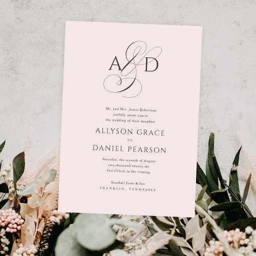 Elegant Initial Script Monogram Blush Pink Wedding Invitation