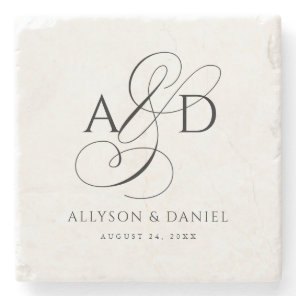 Elegant Initial Script Monogram Classic Newlywed Stone Coaster