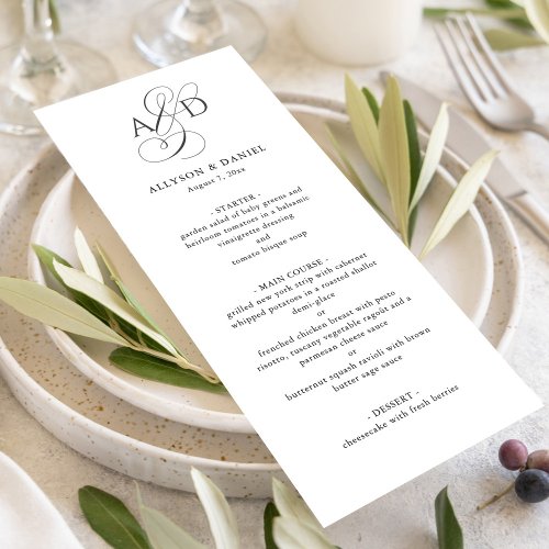 Elegant Initial Script Monogram Classic Wedding Menu