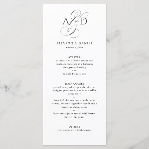 Elegant Initial Script Monogram Classic Wedding Menu