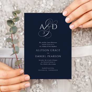 Elegant Initial Script Monogram Navy Blue Wedding Invitation by JAmberDesign at Zazzle