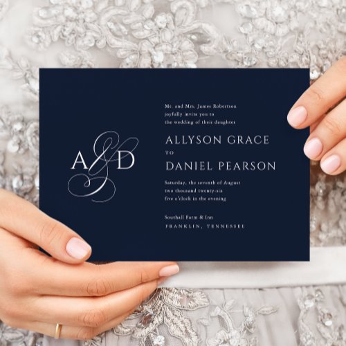 Elegant Initial Script Monogram Navy Blue Wedding Invitation