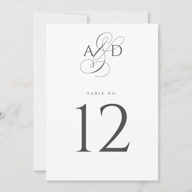 Elegant Initial Script Wedding Table Number Card (Front)