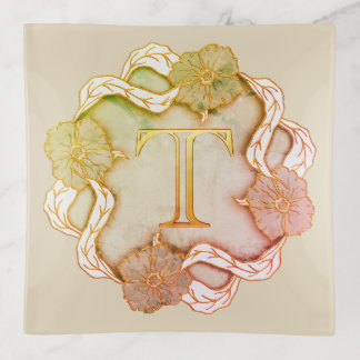 Elegant Initial T With Flowers Trinket Tray
