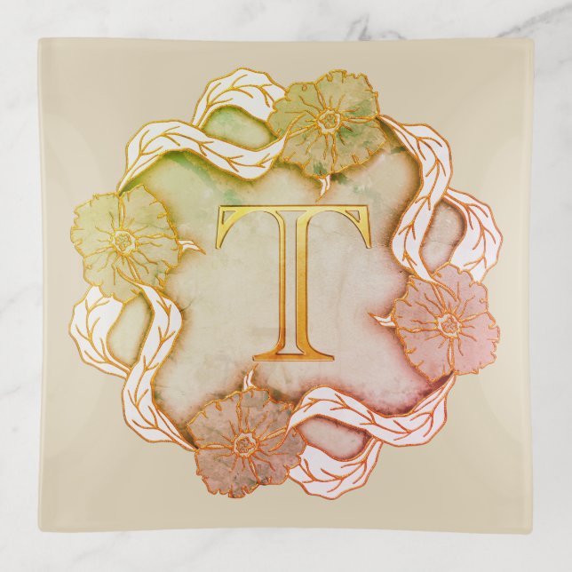 Elegant Initial T With Flowers Trinket Tray (Front)