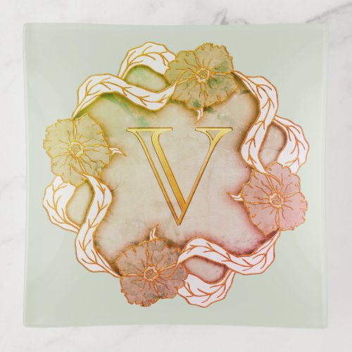 Elegant Initial V With Flowers Trinket Tray