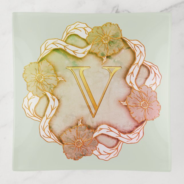 Elegant Initial V With Flowers Trinket Tray (Front)