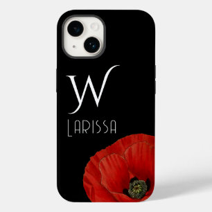 Elegant Initialed Red Poppy on Black  Case-Mate iPhone 14 Case