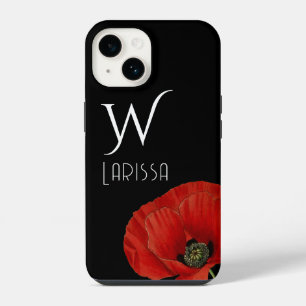 Elegant Initialed Red Poppy on Black iPhone 14 Case