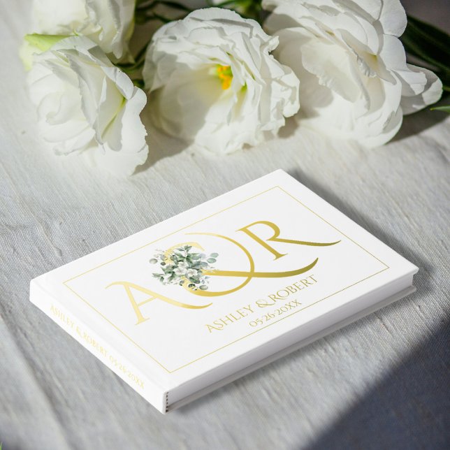 Elegant initials and eucalyptus wedding foil foil guest book  (Creator Uploaded)