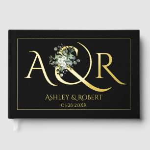Elegant initials and eucalyptus wedding foil photo guest book 