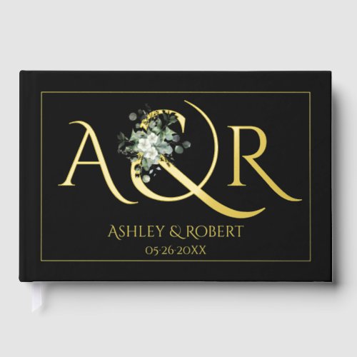 Elegant initials and eucalyptus wedding foil photo guest book