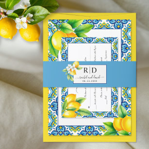 Elegant initials and lemon branch blue wedding invitation belly band