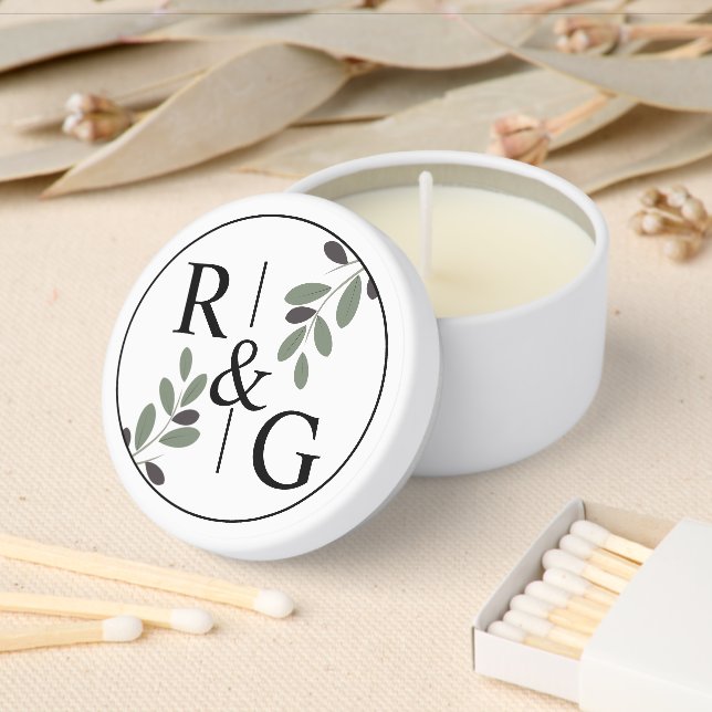 Elegant initials and olive branch wedding mini candle favors (Insitu)