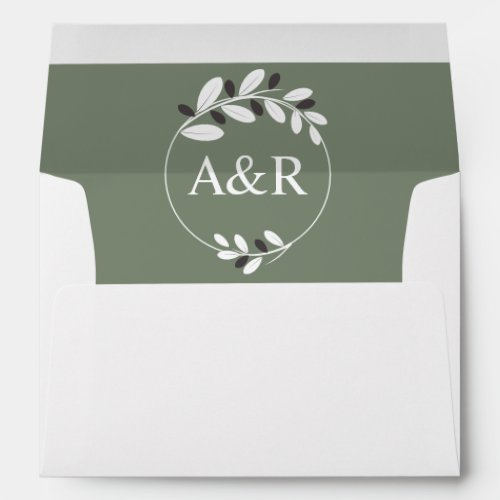 Elegant initials and olive branches green wedding envelope