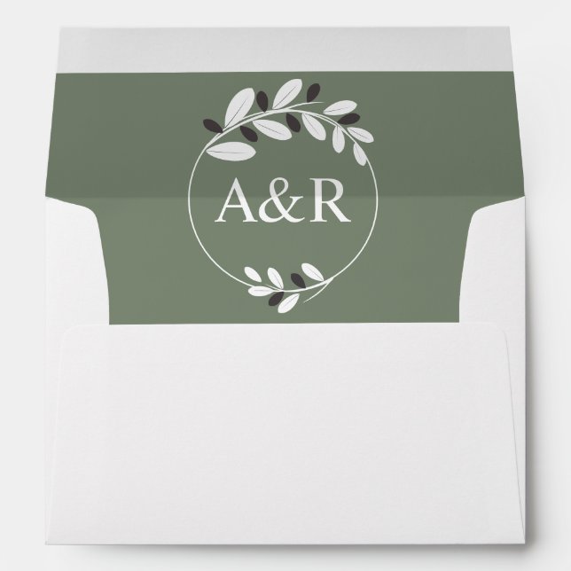 Elegant initials and olive branches green wedding envelope (Back (Bottom))