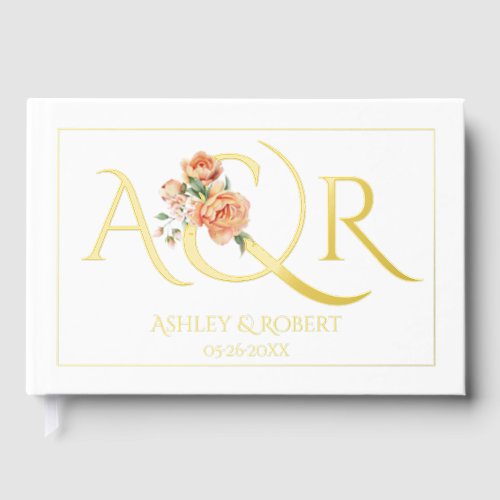 Elegant initials and peach roses wedding foil foil guest book 